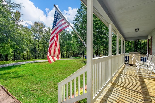 exterior space with a lawn, a porch, and a grill