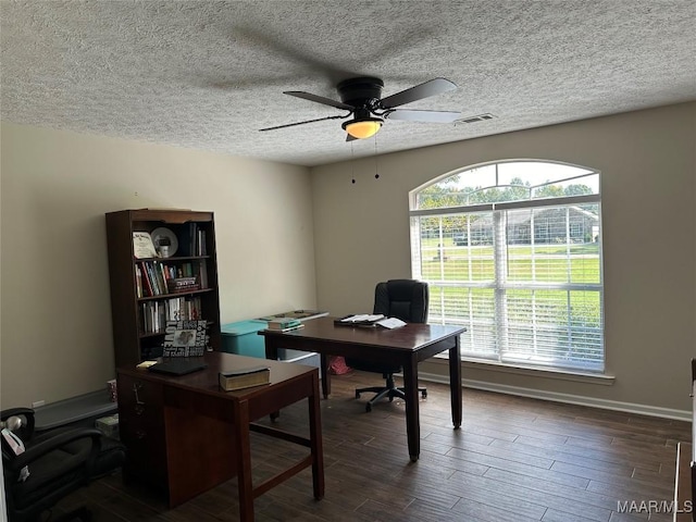 414 Warrior Dr, Valley Grande, AL 36701 - office area with a ceiling fan, wood finished floors, a textured ceiling, and baseboards