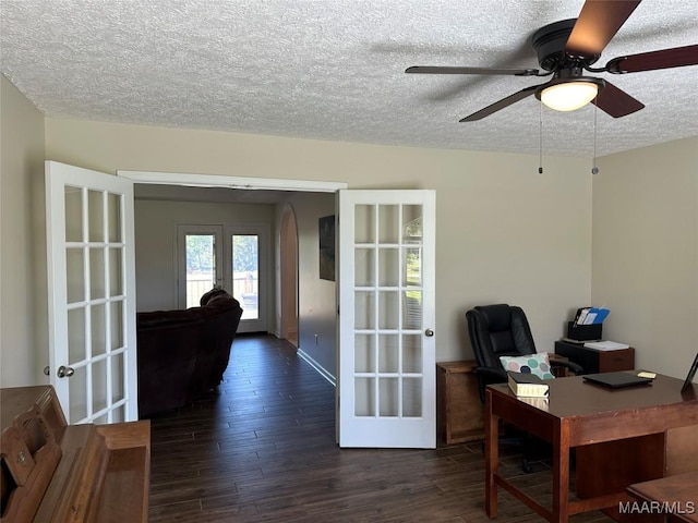 414 Warrior Dr, Valley Grande, AL 36701 - office area with a textured ceiling, dark wood-style flooring, french doors, and ceiling fan