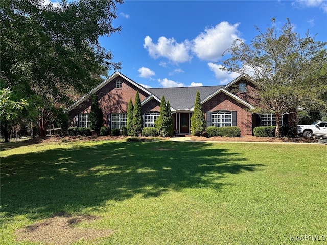 single story home featuring a front lawn