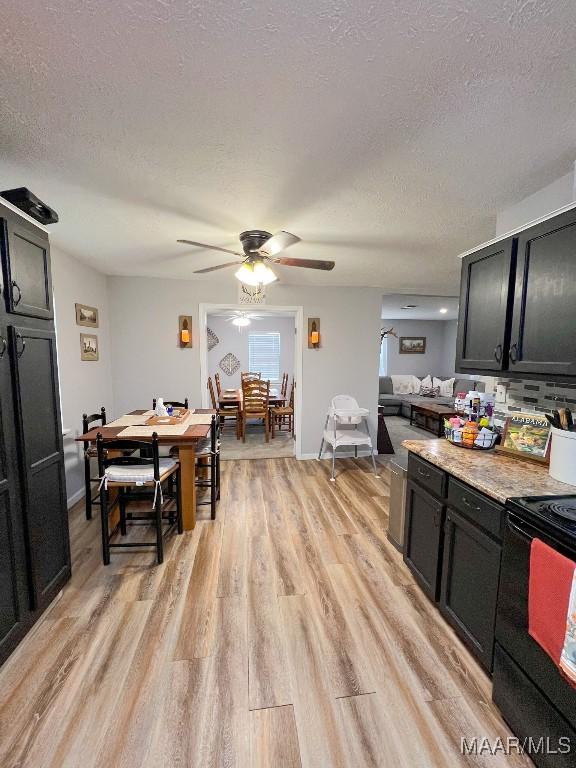 kitchen with light wood-style floors, dark cabinetry, light countertops, and black range with electric stovetop