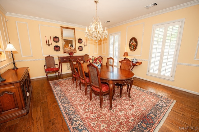 dining area with ornamental molding, plenty of natural light, and dark hardwood / wood-style flooring