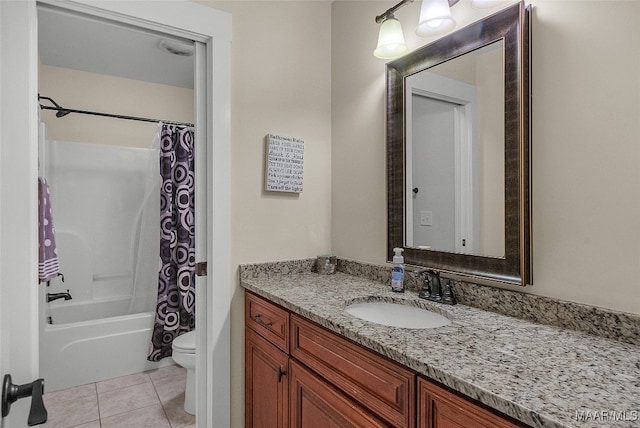 full bathroom featuring shower / bathtub combination with curtain, tile patterned floors, vanity, and toilet