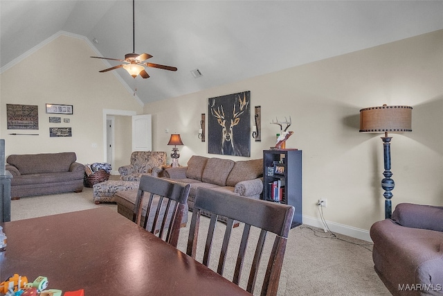 living room featuring ceiling fan, light colored carpet, and high vaulted ceiling