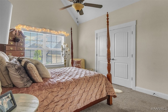 bedroom with lofted ceiling, carpet flooring, ceiling fan, and a closet