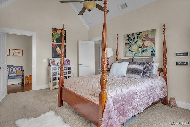 bedroom featuring carpet, ornamental molding, ceiling fan, and high vaulted ceiling