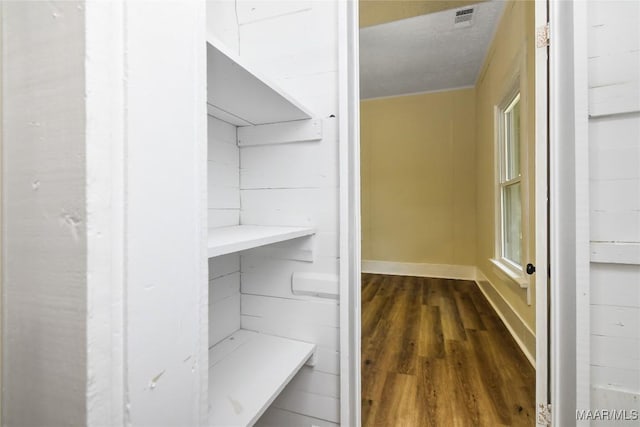 spacious closet featuring visible vents and dark wood-style flooring