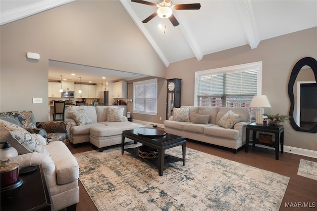 living room with ceiling fan, beam ceiling, dark wood-type flooring, and high vaulted ceiling