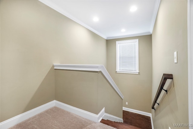 stairs with carpet floors and crown molding