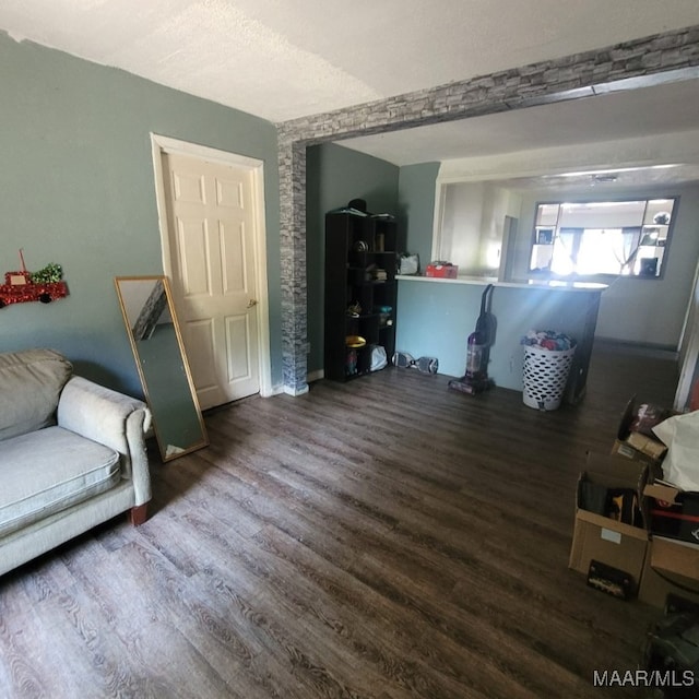 living room with dark hardwood / wood-style flooring