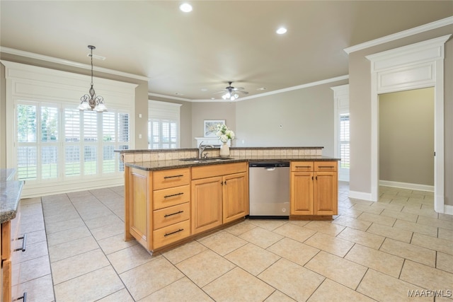 kitchen with sink, ceiling fan with notable chandelier, a center island with sink, decorative light fixtures, and stainless steel dishwasher