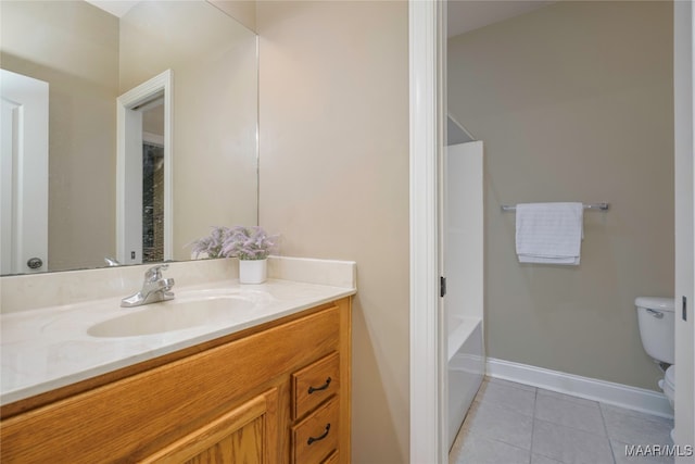 full bathroom featuring independent shower and bath, vanity, tile patterned flooring, and toilet