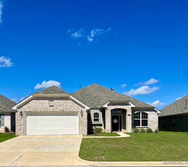 view of front of home with brick siding, a garage, concrete driveway, and a front yard