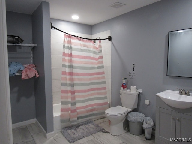 full bathroom featuring vanity, toilet, and shower / bathtub combination with curtain