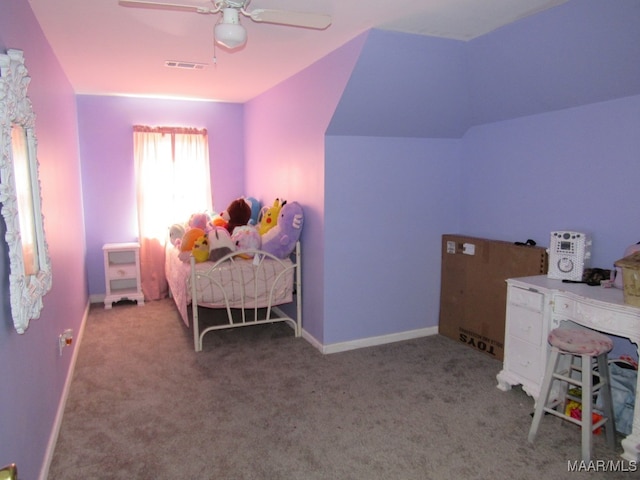 carpeted bedroom with ceiling fan, heating unit, and lofted ceiling