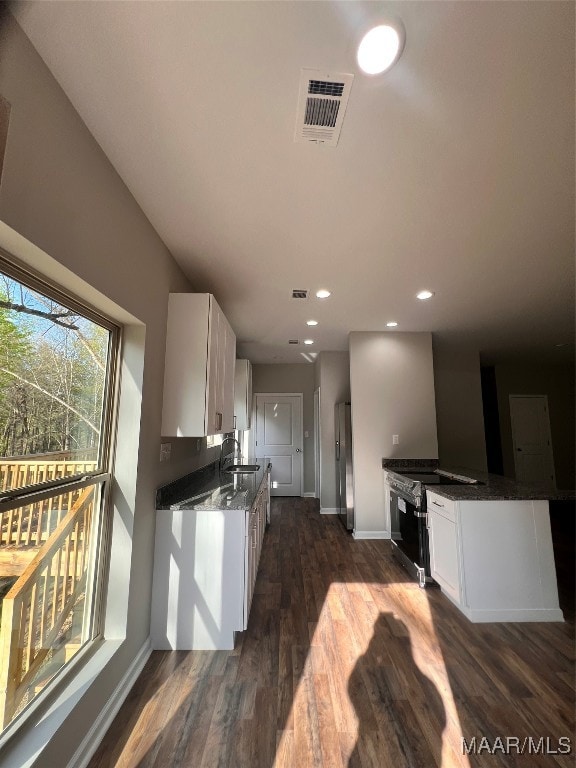 kitchen featuring white cabinets, dark hardwood / wood-style floors, dark stone counters, and sink