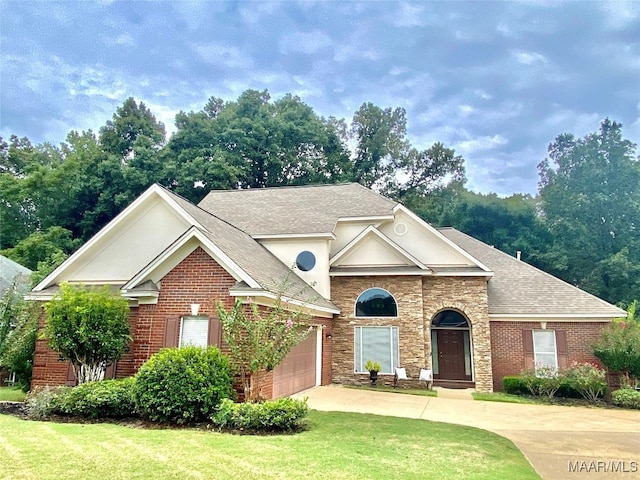 view of front of home with a front lawn and a garage