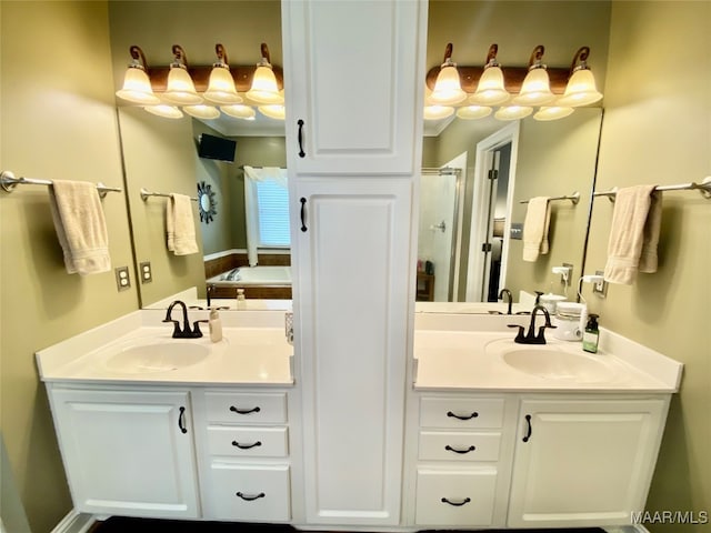 bathroom with vanity and walk in shower