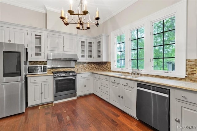 1311 Woodward Ave, Montgomery, AL 36106 - kitchen with stainless steel appliances, a sink, under cabinet range hood, ornamental molding, and a chandelier
