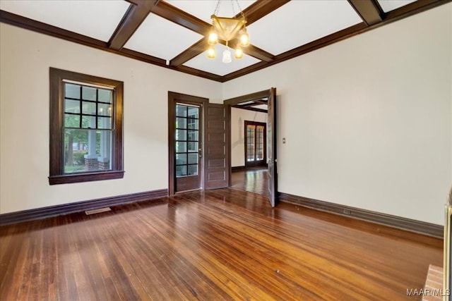 1311 Woodward Ave, Montgomery, AL 36106 - spare room with coffered ceiling, hardwood / wood-style flooring, baseboards, plenty of natural light, and beam ceiling