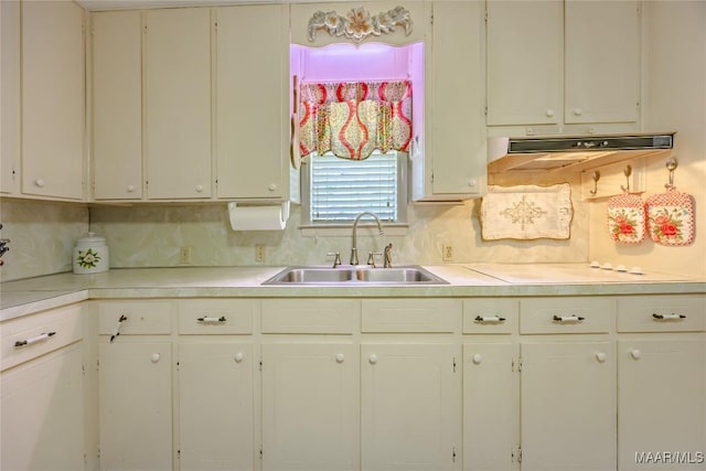 kitchen with white cabinets, tasteful backsplash, and sink