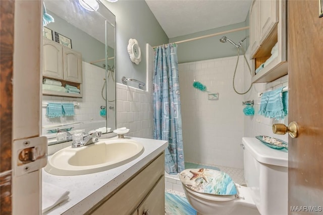 bathroom featuring curtained shower, backsplash, toilet, vanity, and tile walls