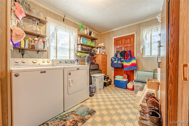 clothes washing area featuring washing machine and clothes dryer, crown molding, plenty of natural light, and wood walls