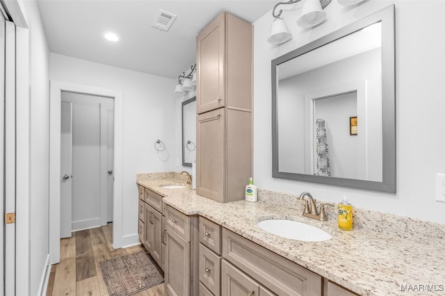 bathroom featuring vanity and hardwood / wood-style floors