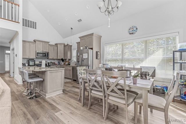 kitchen with light hardwood / wood-style floors, a kitchen island, high vaulted ceiling, appliances with stainless steel finishes, and decorative light fixtures