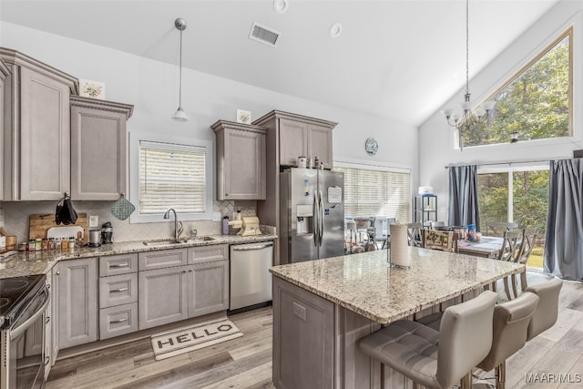 kitchen featuring pendant lighting, light hardwood / wood-style floors, appliances with stainless steel finishes, and sink