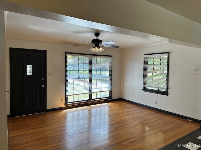 foyer entrance with ceiling fan, hardwood / wood-style flooring, crown molding, and a wealth of natural light