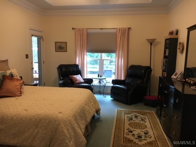 bedroom with carpet floors and crown molding