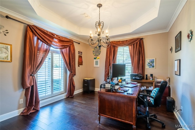 home office featuring a tray ceiling, plenty of natural light, a chandelier, and ornamental molding