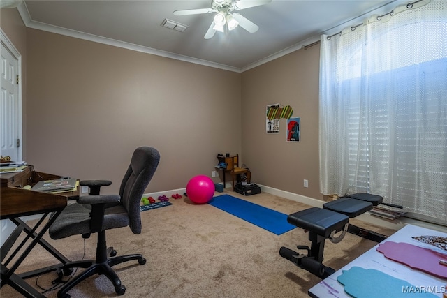 office area featuring carpet, ceiling fan, and ornamental molding