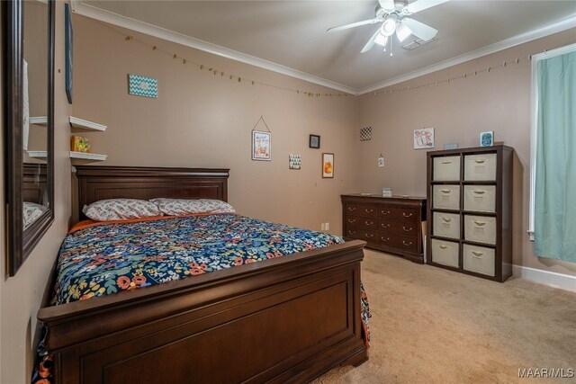 bedroom featuring light carpet, lofted ceiling, ceiling fan, and crown molding