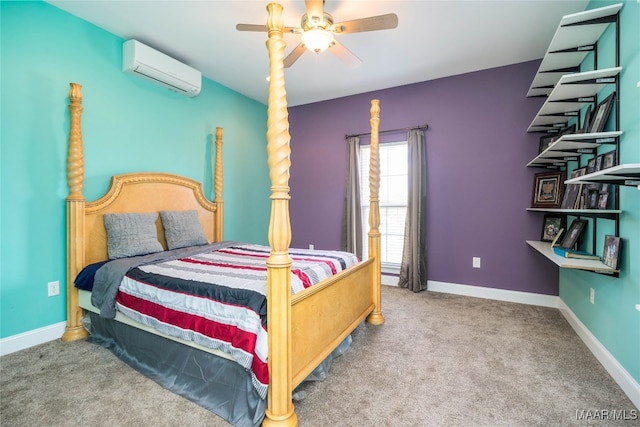 bedroom with a wall mounted AC, carpet flooring, and ceiling fan