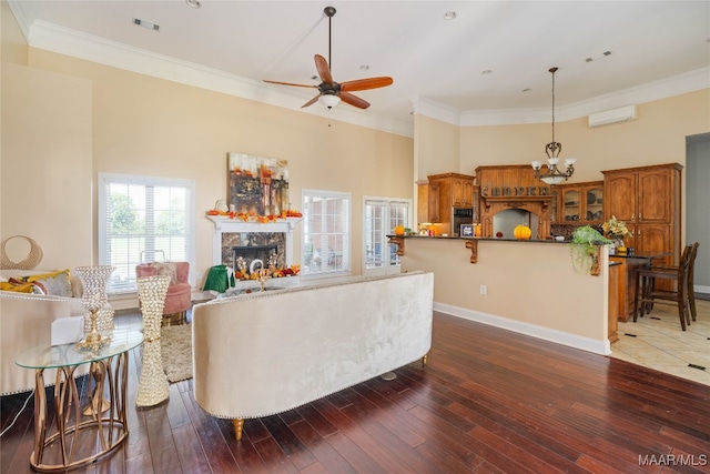 living room featuring dark hardwood / wood-style floors and ornamental molding