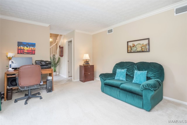 office with crown molding, carpet, and a textured ceiling