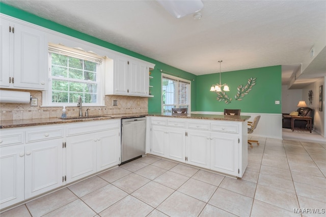 kitchen featuring hanging light fixtures, kitchen peninsula, sink, white cabinetry, and dishwasher