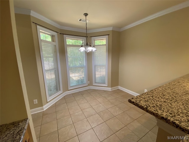 unfurnished dining area with crown molding, a notable chandelier, and light tile patterned floors