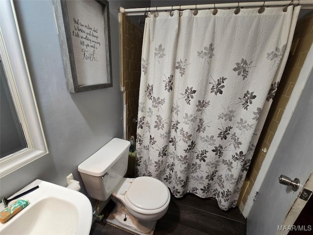 bathroom with sink, a shower with shower curtain, and toilet