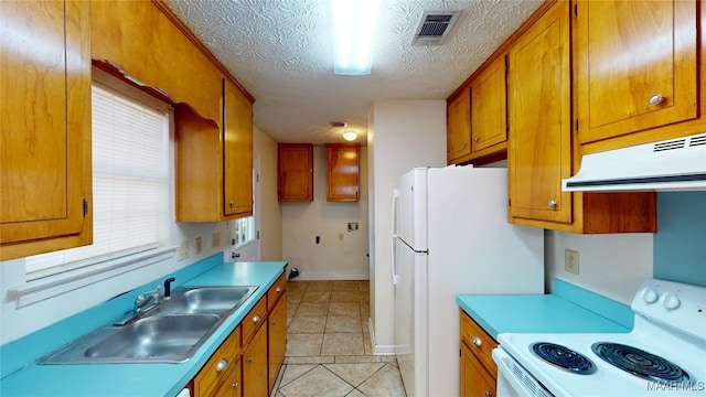 kitchen featuring sink, a textured ceiling, white appliances, and plenty of natural light