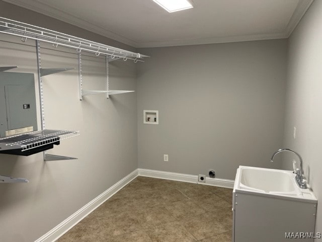 laundry area featuring washer hookup, electric panel, hookup for an electric dryer, sink, and ornamental molding