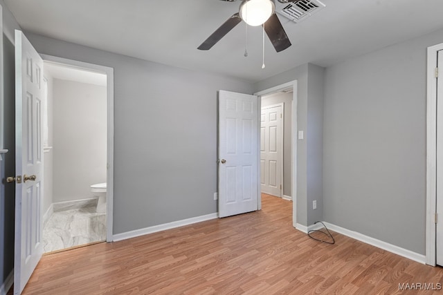 unfurnished bedroom featuring ceiling fan and light hardwood / wood-style floors