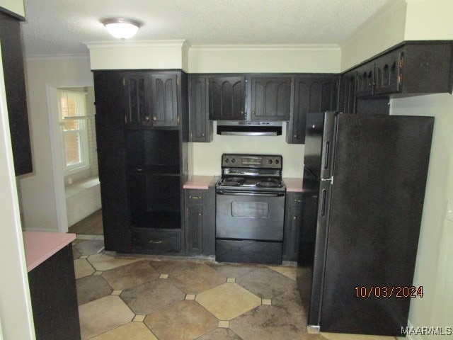 kitchen with ornamental molding, black appliances, and a textured ceiling