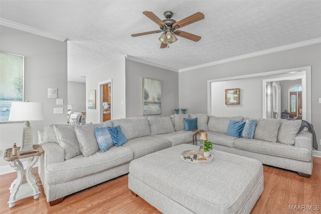 living room featuring ornamental molding, light wood-type flooring, ceiling fan, and a textured ceiling