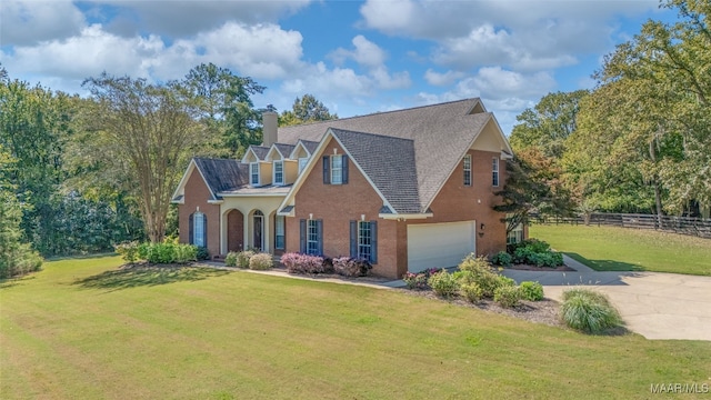 view of front of home with a front yard and a garage