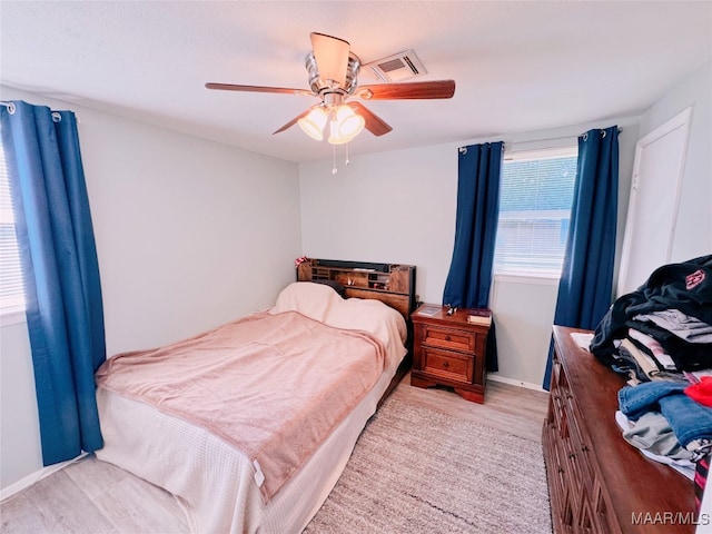 bedroom with ceiling fan and light hardwood / wood-style floors