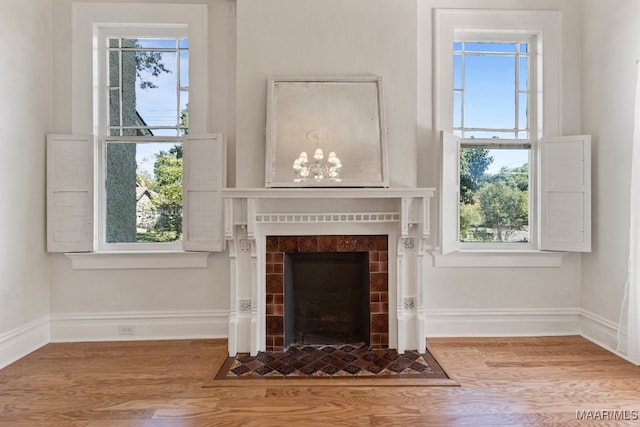 interior space featuring hardwood / wood-style flooring, a fireplace, and plenty of natural light