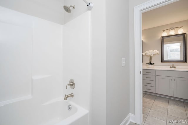 bathroom with tile patterned flooring, vanity, and  shower combination